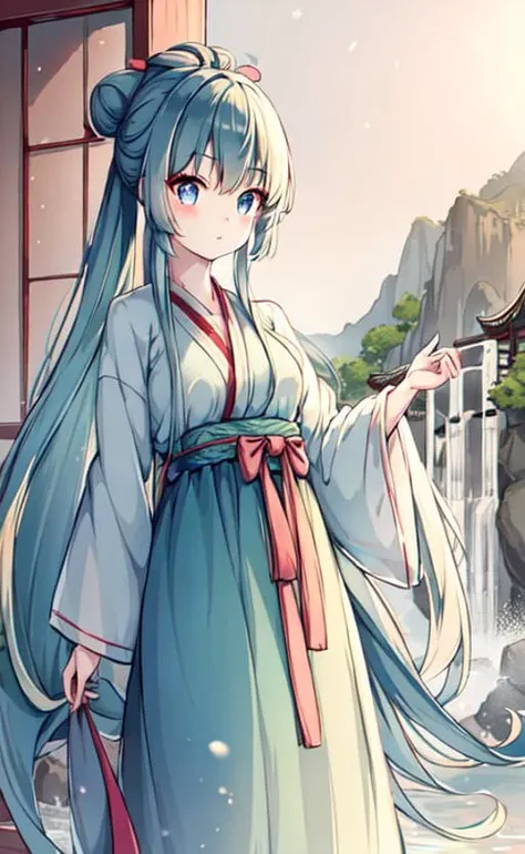 ru_qun,  hanfu, 1girl, blue eyes, glowing eyes, cute face, detailed eyes,  green hair, very long hair, (cowboy shot:1.2), wide-eyed,  standing on one leg, original_outfit, (hanfu), clear details,masterpiece, best_quality, clear details,  kawaii, ancient chinese,  waterfall, outdoors, clear sky, spring, chinese building, after rain,  <lora:elegantHanfuRuqun_v10:0.9>,   <lora:Moxin_1010:0.25>,  <lora:Moxin_Shukezouma:0.25>,  <lora:3db515:0.25>