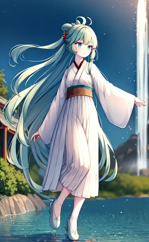 ru_qun, hanfu, 1girl, blue eyes, glowing eyes, cute face, detailed eyes, green hair, very long hair, full body, standing on one leg, original_outfit,hanfu,clear details,masterpiece, best_quality, clear details, waterfall, outdoors, clear sky, spring, chinese building, after rain, embroidered cotton shoes, <lora:elegantHanfuRuqun_v10:0.9>, <lora:3db515:0.4>