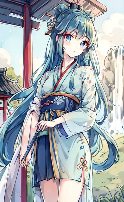 ru_qun, hanfu, 1girl, blue eyes, glowing eyes, cute face, detailed eyes, green hair, very long hair, (cowboy shot:1.2), wide-eyed, standing on one leg, original_outfit, (hanfu), clear details,masterpiece, best_quality, clear details, kawaii, ancient chinese, waterfall, outdoors, clear sky, spring, chinese building, after rain, <lora:elegantHanfuRuqun_v10:0.9>, <lora:Moxin_1010:0.4>, <lora:Moxin_Shukezouma:0.4>