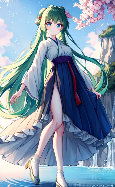 ru_qun, hanfu, 1girl, blue eyes, glowing eyes, cute face, detailed eyes, green hair, very long hair, (cowboy shot), standing on one leg, original_outfit,hanfu,clear details,masterpiece, best_quality, clear details, waterfall, outdoors, clear sky, spring, chinese building, after rain, embroidered cotton shoes, <lora:elegantHanfuRuqun_v10:0.9>, <lora:3db515:0.4>