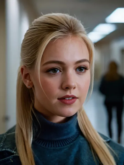 cinematic film still ,<lora:jg4rth-000010:0.8>,jg4rthxl,blonde,standing in a college hallway,ponytail,turtleneck,jacket,Thorough,analog style,eye focus,highest quality,(highly detailed skin),perfect face,skin pores,(bokeh:0.6),sharp focus,dappled lighting,(backlighting:0.7),film grain,photographed on a Sony A7R IV,18mm F/1.7 cine lens,(highly detailed, intricately detailed),8k,HDR,front view,(upper body:0.9) . shallow depth of field,vignette,highly detailed,high budget,bokeh,cinemascope,moody,epic,gorgeous,film grain,grainy,