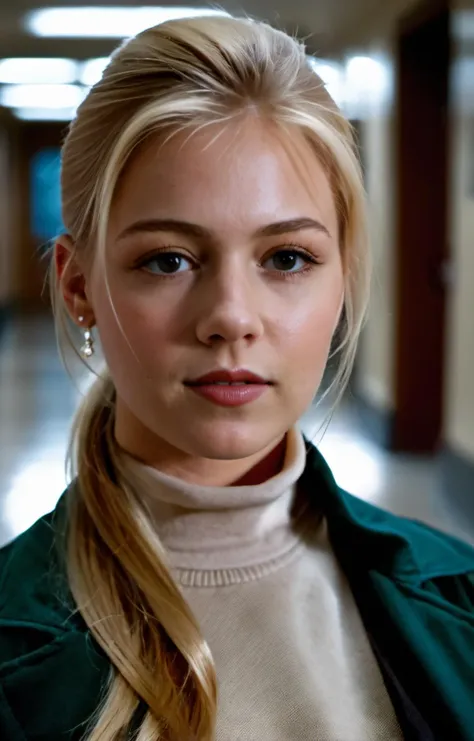 cinematic film still <lora:jg4rth-000010:0.8>,jg4rthxl,blonde,standing in a college hallway,ponytail,turtleneck,jacket, Thorough,analog style,eye focus,highest quality,(highly detailed skin),perfect face,skin pores,(bokeh:0.6),sharp focus,dappled lighting,(backlighting:0.7),film grain,photographed on a Sony A7R IV,18mm F/1.7 cine lens,(highly detailed, intricately detailed),8k,HDR,front view,(upper body:0.9) . shallow depth of field, vignette, highly detailed, high budget, bokeh, cinemascope, moody, epic, gorgeous, film grain, grainy
