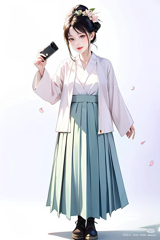 (darkroom:0.5), short shan, pleated skirt, songmo, <lora:hanfu_v30Song:0.6>,long shot,dslr,1girl,solo,skin texture,rich detail,delicate face,cheeks bulging up,blush,masterpiece, best quality, (pure white background), blossoms,falling petals,standing, black hair bun,cold face, full body,happy, light effect, soft, super clear, high-definition picture, looking at viewer,aged down, long shan,