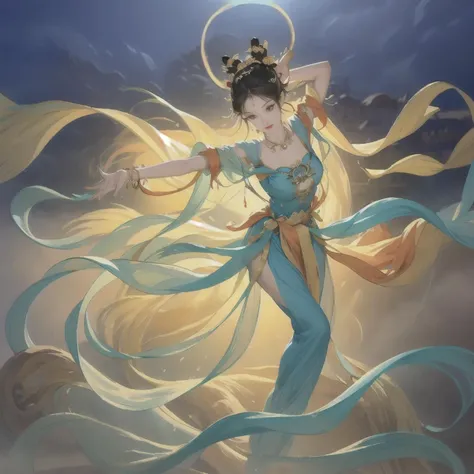 (8k, RAW photo, best quality, masterpiece:1.5), (extremely detailed CG unity 8k wallpaper), <lora:dunhuang_v20:0.6>, (dunhuang_dress:1.2), (1girl), (solo:1.1), (full body:1.2), medium breasts, (long floating hair), jewelry in hair, extremely detailed, (dancing:1.4), (floating ribbon:1.6), wind, (style-swirlmagic:1.1), (rainbow-candy:0.85), large Ancient Buddha statues,china landscape, fantastic, spectacular, (fog:1.4), cloud, desert
