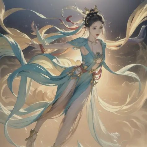 (8k, RAW photo, best quality, masterpiece:1.5), (extremely detailed CG unity 8k wallpaper), <lora:dunhuang_v20:0.6>, (dunhuang_dress:1.2), (1girl), (solo:1.1), (full body:1.2), medium breasts, (long floating hair), jewelry in hair, extremely detailed, (dancing:1.4), (floating ribbon:1.6), wind, (style-swirlmagic:1.1), (rainbow-candy:0.85), large Ancient Buddha statues,china landscape, fantastic, spectacular, (fog:1.4), cloud, desert