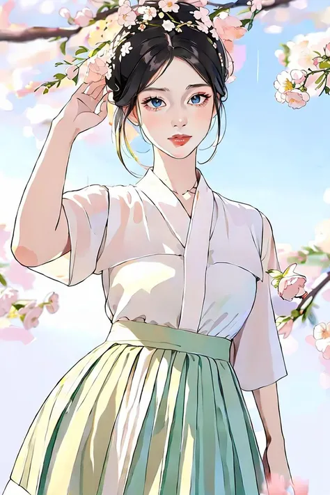 (darkroom:0.5), short shan, pleated skirt, songmo, <lora:hanfu_v30Song:0.6>,long shot,dslr,1girl,narrow waist,medium breasts,solo,skin texture,rich detail,delicate face,cheeks bulging up,blush,masterpiece, best quality, (pure white background),muted color, blossoms,falling petals,standing, black hair bun,cold face, full body,happy, light effect, soft, super clear, high-definition picture, looking at viewer,aged down, long shan,dynamic pose, dynamic light,ray tracing,extrem detailed