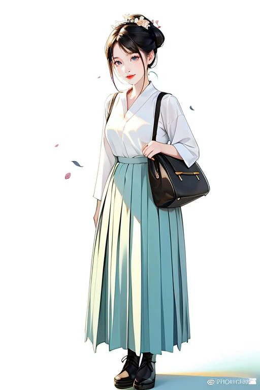 short shan, pleated skirt, songmo, <lora:hanfu_v30Song:0.6>,long shot,dslr,1girl,solo,skin texture,rich detail,delicate face,cheeks bulging up,blush,masterpiece, best quality, (pure white background), blossoms,falling petals,standing, black hair bun,cold face, full body,happy, light effect, soft, super clear, high-definition picture, looking at viewer,aged down, long shan,