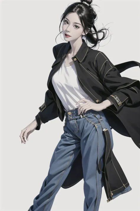 masterpiece, best quality, ((pure white background)), standing, black hair bun,cold face, full body, black coat, white T-shirt, casual pants, (Fashionable clothing), happy, light effect, soft, super clear, high-definition picture, (front)