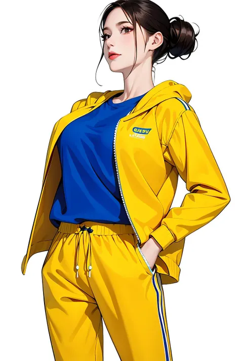 masterpiece, best quality, ((pure white background)), standing, black hair bun,cold face, full body,red jacket,blue T-shirt,yellow pants, (Fashionable clothing), happy, light effect, soft, super clear, high-definition picture, (front)