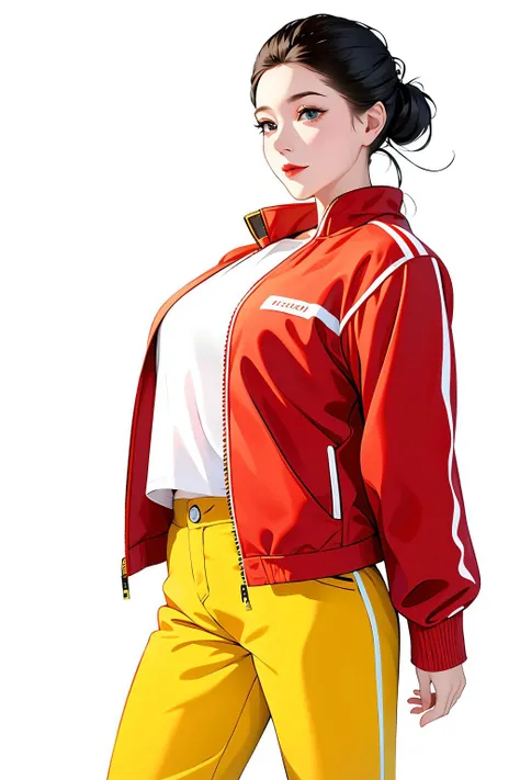 masterpiece, best quality, ((pure white background)), standing, black hair bun,cold face, full body,red jacket,blue T-shirt,yellow pants, (Fashionable clothing), happy, light effect, soft, super clear, high-definition picture, (front)