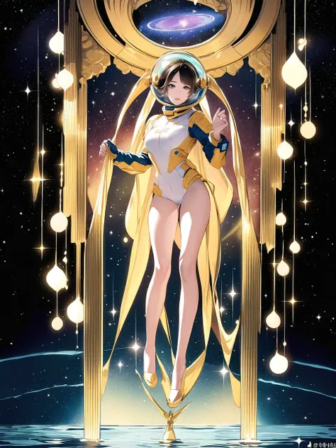 best quality ,masterpiece, illustration, an extremely delicate and beautiful, extremely detailed ,finely detail, masterpiece,best quality,official art, ultra-detailed, highres, extremely detailed,beautiful detailed girl, extremely detailed eyes and face, beautiful detailed eyes,light on face, 1girl,( full body:2),swimming pose,spacesuit,(Space helmet),Milky Way background,  (pureerosface_v1:0.5) ,(ulzzang-6500:0.5),