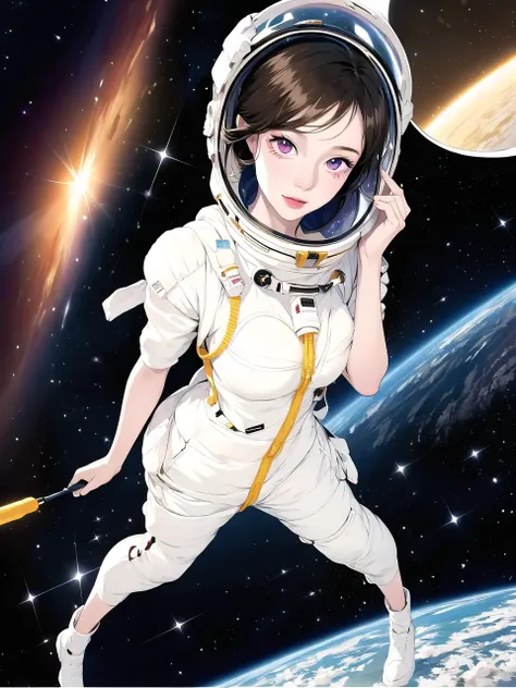 best quality ,masterpiece, illustration, an extremely delicate and beautiful, extremely detailed ,finely detail, masterpiece,best quality,official art, ultra-detailed, highres, extremely detailed,beautiful detailed girl, extremely detailed eyes and face, beautiful detailed eyes,light on face, 1girl,( full body:1.5),astronaut floating in space,(Space helmet),Milky Way background, (pureerosface_v1:0.5) ,(ulzzang-6500:0.5),