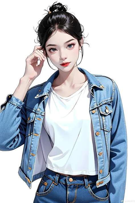 masterpiece, best quality, ((pure white background)), standing, black hair bun,cold face, full body, Denim jacket, white T-shirt, casual pants, (Fashionable clothing), happy, light effect, soft, super clear, high-definition picture, (front)