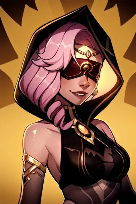 dreamlikeart, digital painting, intricate, 8k, highly detailed, sharp focus, best quality

 <lora:BarbelScorchingLoremaster_1:1>

masterpiece, best quality,eye mask, mature female, pink hair, hood, open clothes, red gem on head,
detailed background, desert
epic, dynamic pose
red blindfold
upper body,