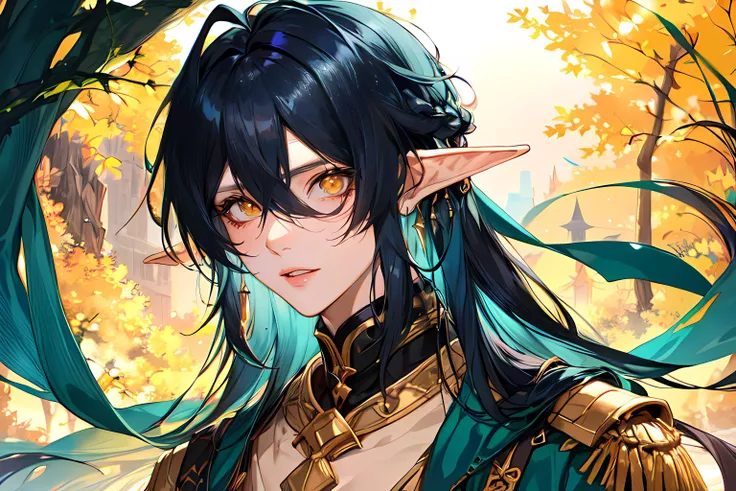 1boy, long teal hair, yellow eyes, elf ears,fata, <lora:Style_GlassyandGlaze (FATA)_v1.0:0.8>