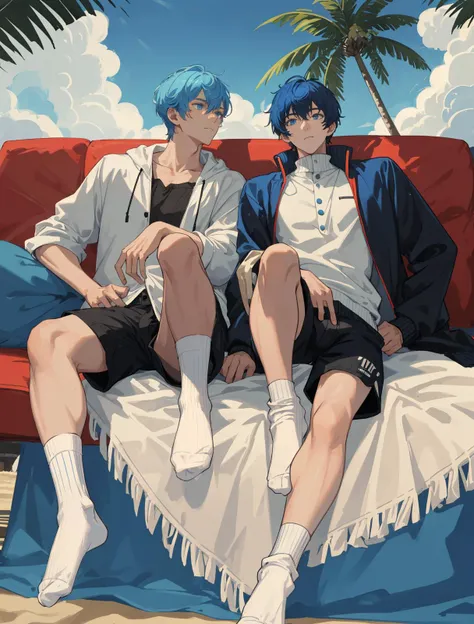 (absurdres, highres, ultra detailed),((masterpiece)), ((best quality:1.1)), High Resolution, 8k, (crotch bulge:1.1), shaded face, (white crew socks:1.1), (white ribbed socks:1.1), no-show socks, invisible socks, toes under socks, shorts,seamless socks, (puffy nipples:0.8), (from below:1.1),
button view,2 boys seat on sofa, blue eyes and golden hair, blue hair, Beach, palm tree, adult, mature, tall, handsome, muscular legs,
a man with a jacket on his shoulder, (a manga drawing:0.283)(male_focus:0.970),