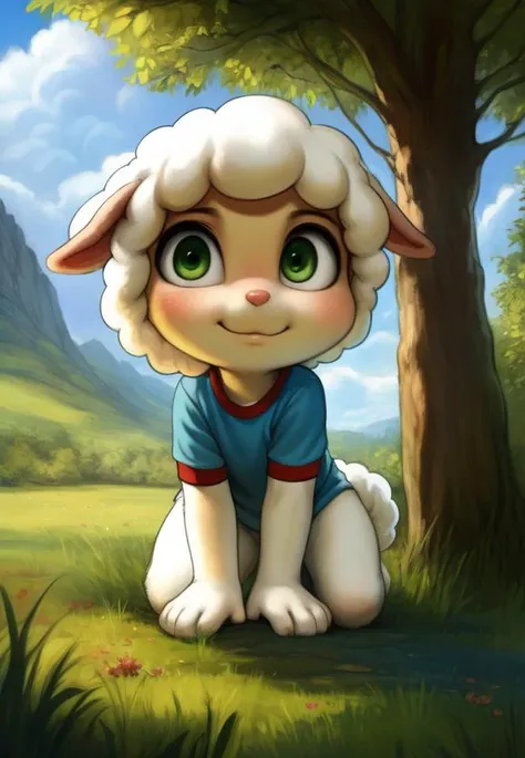 <lora:CloudMarshmallowTimesII:0.7>  [Forest, path, trees, sky clouds, mountains,]  CloudMarshmallowTimesII, red beret hat, elbow-length T-shirt, green eyes, Blue T-shirt with red sleeves, chibi, sheep
textured fur, solo, looking at viewer, to his full height, (beautiful, aesthetic, perfect, delicate, intricate, masterpiece, ) chibi, (all fours, cowgirl position,)
[by kenket|by totesfleisch8], by thebigslick:by silverfox5213:0.8], [by syuro, by paloma-paloma::0.2, (Tricksta, TotesFleisch8)