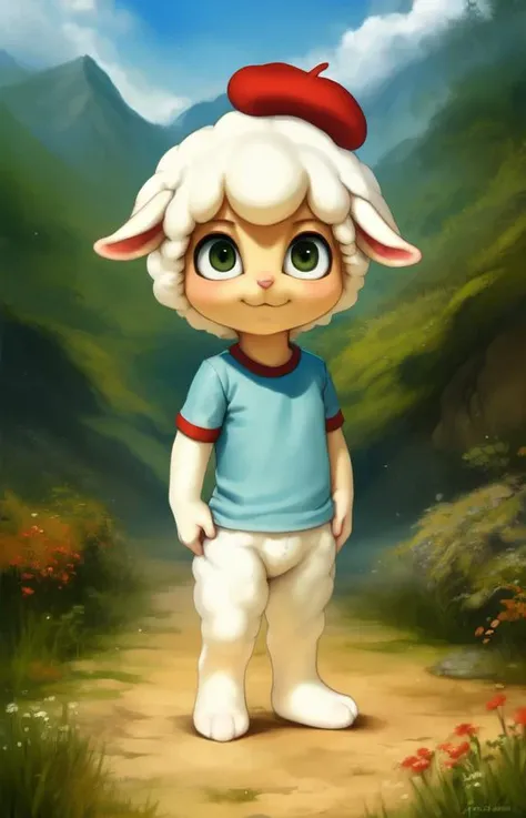 CloudMarshmallowTimes <lora:CloudMarshmallowTimes:0.9> [Forest, path, trees, sky clouds, mountains,]  red beret hat, elbow-length T-shirt, Blue T-shirt with red sleeves, sheep
textured fur, solo,  looking at viewer, to his full height,  (beautiful, aesthetic, perfect, delicate, intricate, masterpiece, )  chibi,   (Hands on hips, standing,)
[by kenket|by totesfleisch8], by thebigslick:by silverfox5213:0.8], [by syuro, by paloma-paloma::0.2, (Tricksta, TotesFleisch8)