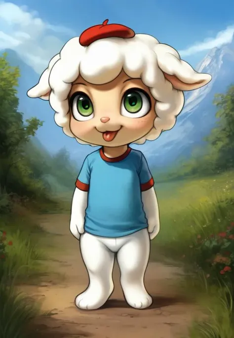 <lora:CloudMarshmallowTimesII:0.7>  [Forest, path, trees, sky clouds, mountains,]  CloudMarshmallowTimesII, red beret hat, elbow-length T-shirt, green eyes, Blue T-shirt with red sleeves, chibi, sheep
textured fur, solo, looking at viewer, to his full height, (beautiful, aesthetic, perfect, delicate, intricate, masterpiece, ) chibi,  ( face with tongue)
[by kenket|by totesfleisch8], by thebigslick:by silverfox5213:0.8], [by syuro, by paloma-paloma::0.2, (Tricksta, TotesFleisch8)