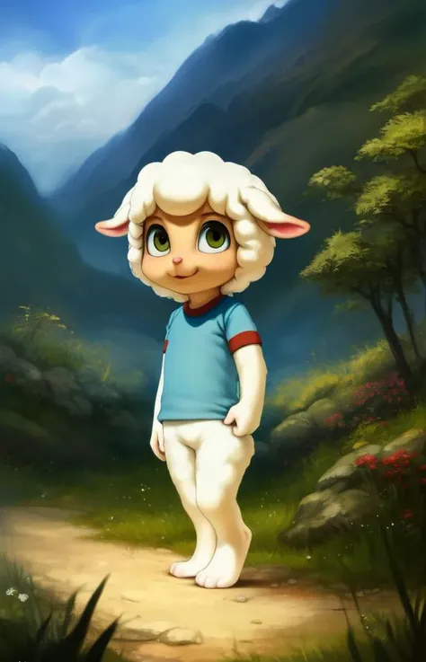 CloudMarshmallowTimes <lora:CloudMarshmallowTimes:1> [Forest, path, trees, sky clouds, mountains,]  red beret hat, elbow-length T-shirt, Blue T-shirt with red sleeves, sheep
textured fur, solo,  looking at viewer, to his full height,  (beautiful, aesthetic, perfect, delicate, intricate, masterpiece, )  chibi,   
[by kenket|by totesfleisch8], by thebigslick:by silverfox5213:0.8], [by syuro, by paloma-paloma::0.2, (Tricksta, TotesFleisch8)