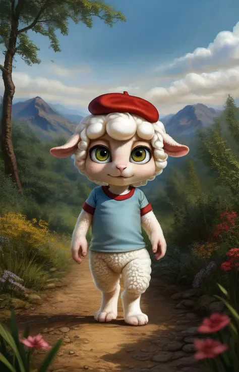 CloudMarshmallowTimes <lora:CloudMarshmallowTimes:0.9> [Forest, path, trees, sky clouds, mountains,]  red beret hat, elbow-length T-shirt, Blue T-shirt with red sleeves, sheep
textured fur, solo,  looking at viewer, to his full height,  (beautiful, aesthetic, perfect, delicate, intricate, masterpiece, )  chibi,   
[by kenket|by totesfleisch8], by thebigslick:by silverfox5213:0.8], [by syuro, by paloma-paloma::0.2, (Tricksta, TotesFleisch8)