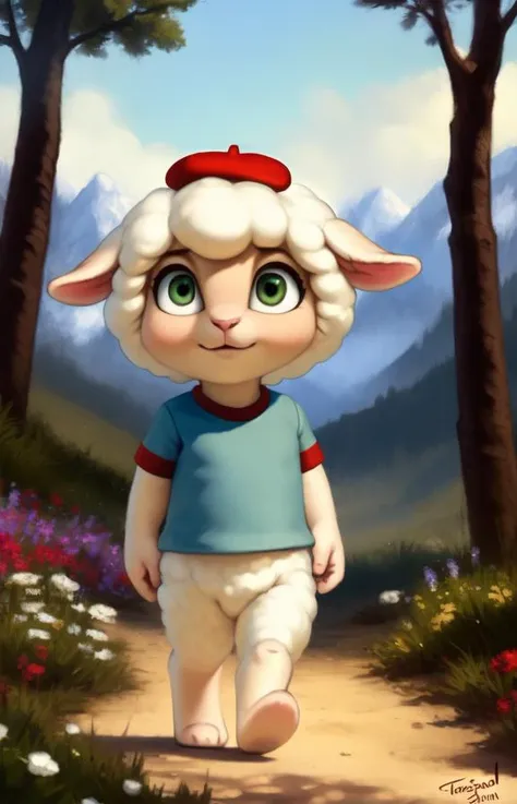 CloudMarshmallowTimes <lora:CloudMarshmallowTimes:1> [Forest, path, trees, sky clouds, mountains,]  red beret hat, elbow-length T-shirt, Blue T-shirt with red sleeves, sheep
textured fur, solo,  looking at viewer, to his full height,  (beautiful, aesthetic, perfect, delicate, intricate, masterpiece, )  chibi, 
by taran fiddler, by cynicalstarr, by personalami,