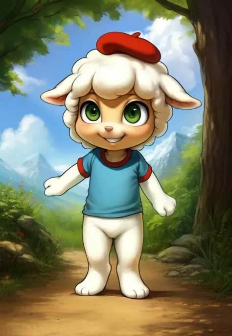 <lora:CloudMarshmallowTimesII:0.7>  [Forest, path, trees, sky clouds, mountains,]  CloudMarshmallowTimesII, red beret hat, elbow-length T-shirt, green eyes, Blue T-shirt with red sleeves, chibi, sheep
textured fur, solo, looking at viewer, to his full height, (beautiful, aesthetic, perfect, delicate, intricate, masterpiece, ) chibi, (grin, leaning forward)
[by kenket|by totesfleisch8], by thebigslick:by silverfox5213:0.8], [by syuro, by paloma-paloma::0.2, (Tricksta, TotesFleisch8)