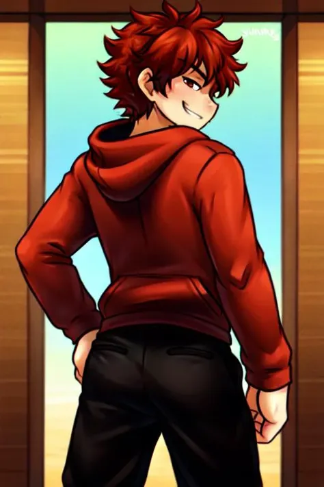 ((1boy wearing black track pants and red hoodie)), curly ginger hair, smirk, confident, prideful, full body, butt, crotch bulge, standing, ((rear shot)), looking over shoulder, <lora:AnimeMaleB-CV0.1:1>