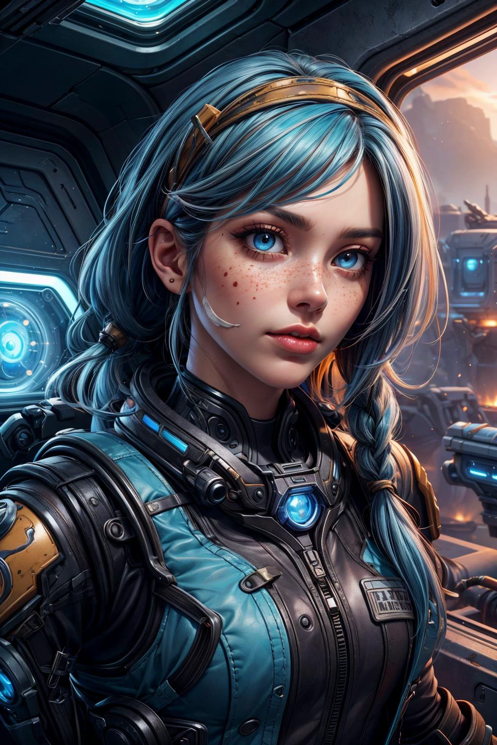 (realistic:1.3), finely detailed, (masterpiece:1.2), (photorealistic:1.2), (best quality), (intricate details), <lora:3DMM_V12:0.6>, <lora:add_detail:1>, <lora:stylesqueeze_v1b:0.5>,
1 girl, adult woman, freckles, turquoise eyes, yellow fishtail braid,
solo, upper body, looking down, detailed background, detailed face, (<lora:TerranAIv2:0.5>, TerranAI, starcraft theme:1.1), battlefield-medic, field-surgeon, resolute, tattered military medic uniform, vest, headband, gloves, green cross, medical supplies, blood soaked bandages, toruniquet, wound dressing, blood , running, battlefield-hospital tent in background, floating particles, dust, intense action, planes in the air, adrenaline, epic atmosphere,
