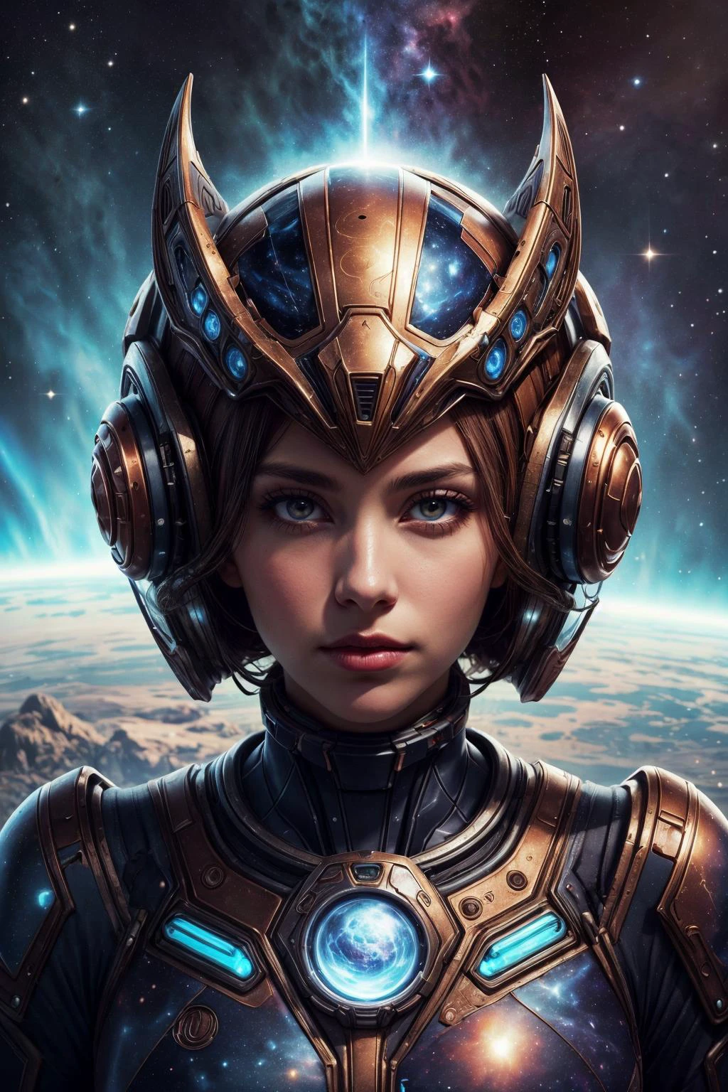masterpiece, best quality, <lora:more_details:0.5>, <lora:FujiVelvia50:0.4>,
1 girl, adult woman, jade eyes, copper bun hair,
(style-swirlmagic:0.7), solo, upper body, looking at viewer, detailed background, detailed face, (<lora:TerranAIv2:0.5>, TerranAI, starcraft theme:1.1) cosmic sorcerer, zodiac, dynamic pose, mythical, taurus, esoteric symbolism, interstellar , galaxies, bright colorful lights, cosmic light, shine, transcendence, cosmic space background, dreamlike ethereal atmosphere,