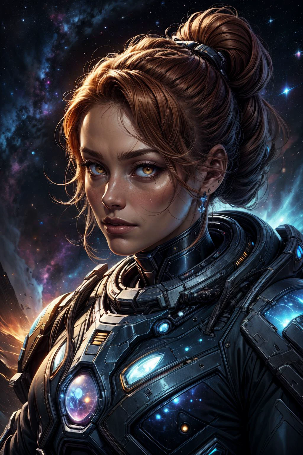 Comic art, <lora:tangbohu-detailer_1.0:1>, <lora:realistic:0.3>
1 girl, adult french woman, yellow eyes, ginger ponytail,
portrait, solo, half shot, looking at viewer, detailed background, detailed face, (<lora:TerranAIv2:0.5>, TerranAI, starcraft theme:1.1) living star constellation, zodiac, at peace, spiritual, aquarius, geometric patterns, celestial , galaxies, bright lights, cosmic light, symmetry, floating particles, stardust, cosmic space background, ethereal atmosphere,
