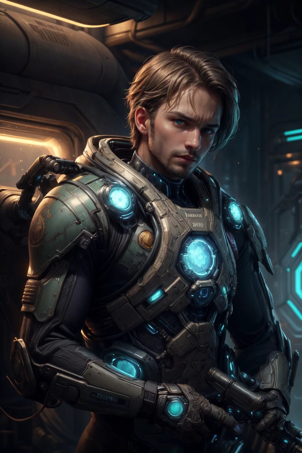 (masterpiece, best quality:1.4), (beautiful, aesthetic, perfect, delicate, intricate:1.2), <lora:more_details:0.75>, <lora:sharpen-soften:-0.25>, <lora:realistic:0.25>,
(1man, masculine adult male:1.2), green eyes, silver hair, layer cut,
style-rustmagic, portrait, solo, half shot, looking down, detailed background, detailed face, (<lora:TerranAIv2:0.5>, TerranAI, starcraft theme:1.1), cyberpunk soldier, wearing light green tactical vest, antenna, scorch marks, wrist-mounted weapon, nanotechnology, emblem, stoic, dynamic pose, glowing lights, aircraft carrier in background, cinematic atmosphere,