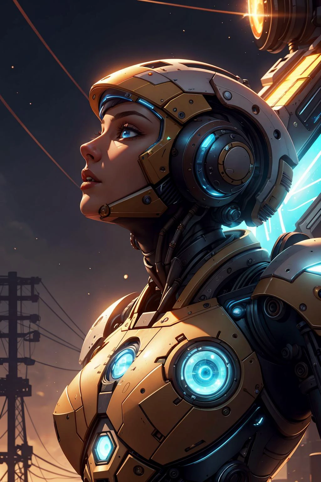 colorful, hyper detail, dramatic light, intricate details, best quality, (extremely detailed CG unity 8k wallpaper, masterpiece, best quality, ultra-detailed, best shadow),
1 girl, adult (elven:0.7) woman, light blue eyes, medium blonde short hair,
solo, upper body, looking up, detailed background, detailed face, (<lora:TerranAIv2:0.5>, TerranAI, starcraft theme:1.1), android, mechanical limbs, head tilted, steel, digital implants, nanobots, circuits, gears, gadgets, powered by solar energy, particle effects, energy pulse, reflections, neon colors, wires in background, cinematic atmosphere,