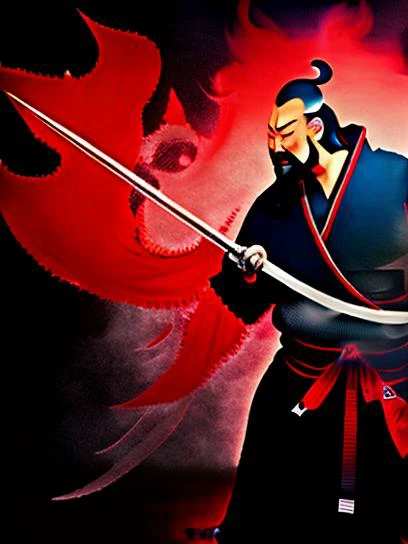 youngh Hattori Hanzo. looking at camera ,holding sword, ((full body)) , masterpiece, best quality, eyes , (abstract background) ,<lora:xuanxue_v2.0:0.7> , red smoke around background, words written on top right