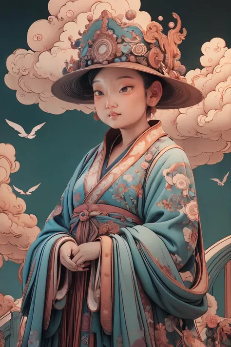 masterpiece, traditional_media, best quality, realistic, extremely detailed CG , 1girl,hanfu, long sleeves, portrait, solo, ribbon, cloud, sky , <lora:shuV2:0.3>, <lora:xuanxue_v6.0:0.7>