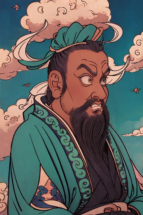 masterpiece, traditional_media, best quality, realistic, extremely detailed CG , 1boy,beard,hanfu, long sleeves, portrait, solo, ribbon, cloud, sky ,handsome , <lora:shuV2:0.3>, <lora:xuanxue_v6.0:0.8>