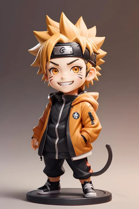 <lora:figurine:1>figurine,1man, blonde hair, male focus, solo, smile, uzumaki naruto, grin, chibi, forehead protector, konohagakure symbol, looking at viewer, headband, facial mark, orange eyes, round image, whisker markings, jacket, spiked hair,chibi,