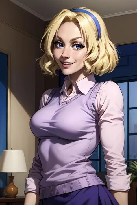 sarah, blonde hair, blue eyes, short hair,
hairband, purple vest sweater, pink shirt, dress skirt,
upper body, smile, standing,
living room,
(insanely detailed, beautiful detailed face, masterpiece, best quality) <lora:sarahdubois:0.8>
