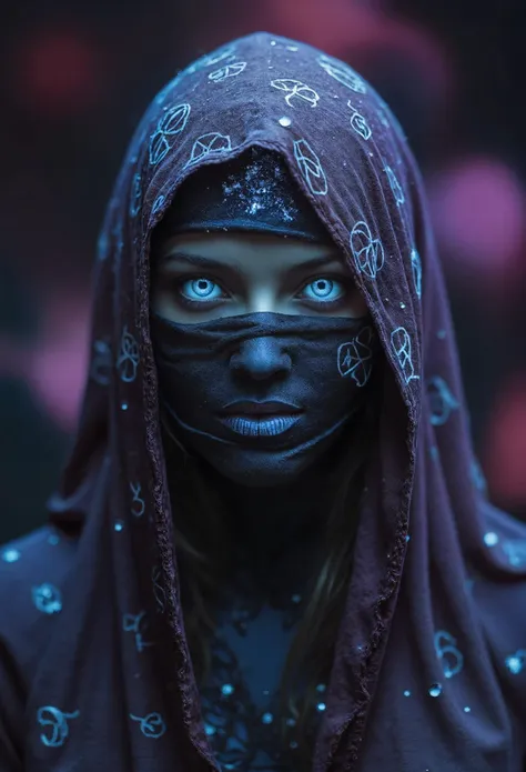 An enigmatic, cloaked female figure with mesmerizing, luminous eyes, her face partially obscured by a veil of shimmering, fine dust. The fabric wrapping her face is adorned with intricate, glowing runes, each symbol pulsating softly with a mysterious energy. Set against a swirling, ethereal background of deep purples and velvety blacks, the scene exudes an air of mystique and allure. The cloth is slightly tattered yet elegant, with delicate strands of silver thread catching the light like ethereal cobwebs, suggesting an ancient and mystical past. The background's fluid, nebula-like patterns shift subtly from dark indigo to midnight black, creating an immersive depth that feels both intimate and infinite, as if the figure is suspended in a celestial dreamscape. Every detail on the fabric tells a tale, each rune a whisper of forgotten magic, drawing the viewer into a world where the boundaries between reality and fantasy blur, inviting them to uncover the secrets hidden within. This composition blends themes of mystery and enchantment, captivating the viewer with its otherworldly charm.