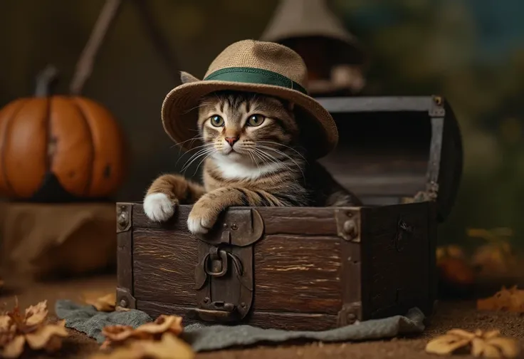(photo), a cat sitting in a treasure chest, adventurer hat