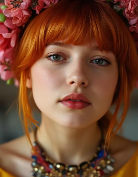 photo, face portrait, european model, 24 years old, close-up, 4mm - 14mm focal length, absurdres, red hair, front bangs, flowers