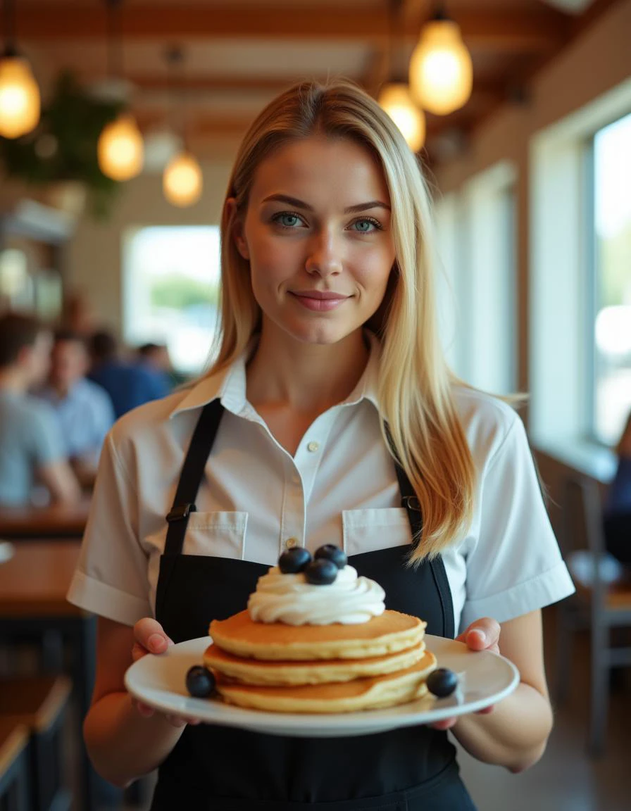 waitress, unform, holding a plate of pancakes with blueberries on top, whip cream a beautiful woman, blonde, blue eyes, photo, film, lost film, light leak,