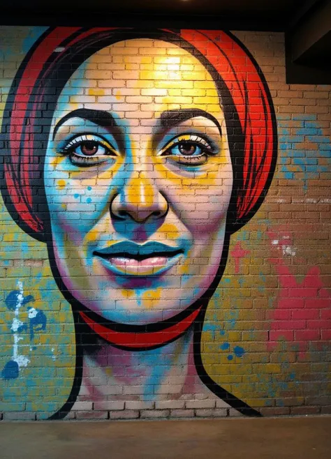 painted brick wall. old distressed bricks. overhead lighting. masterpiece graffiti. thought-provoking contemporary art in the style of (Jean-Michel Basquiat). stunning composition. quirky. vivid colors.