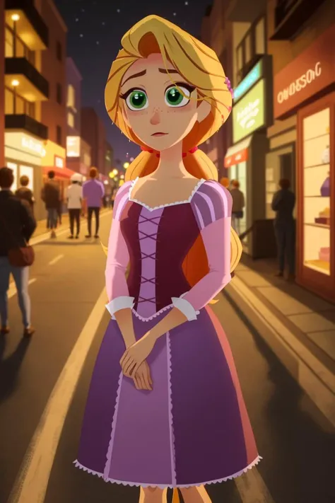 (masterpiece, best quality, high resolution:1.4), rapunzel, green eyes, braided hair, purple princess dress, looking at viewer, standing on street, night <lora:Rapunzel_v1:1>