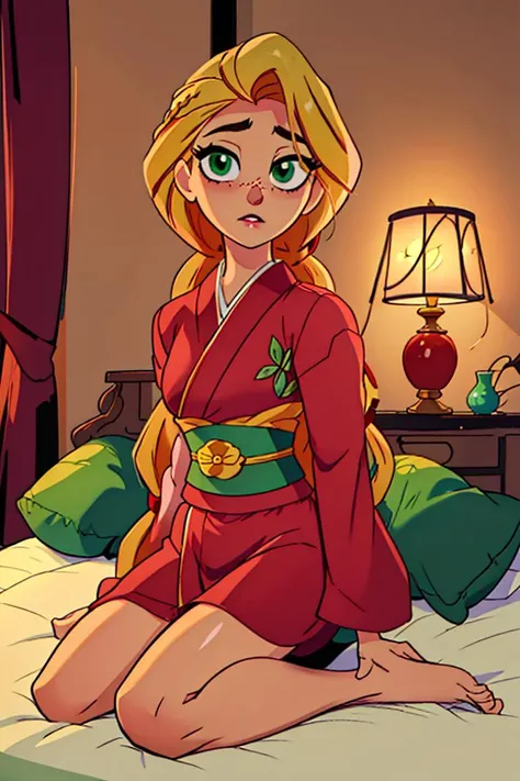 (masterpiece, best quality, high resolution:1.4), rapunzel, green eyes, braided hair, red kimono, looking at viewer, sitting on bed, night <lora:Rapunzel_v1:1>