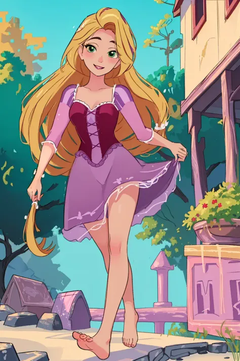 (masterpiece, best quality, high resolution:1.4), rapunzel, green eyes, (loose hair:1.3), looking at viewer, purple princess dress, barefoot, smile, outdoors, <lora:Rapunzel_v22:1>