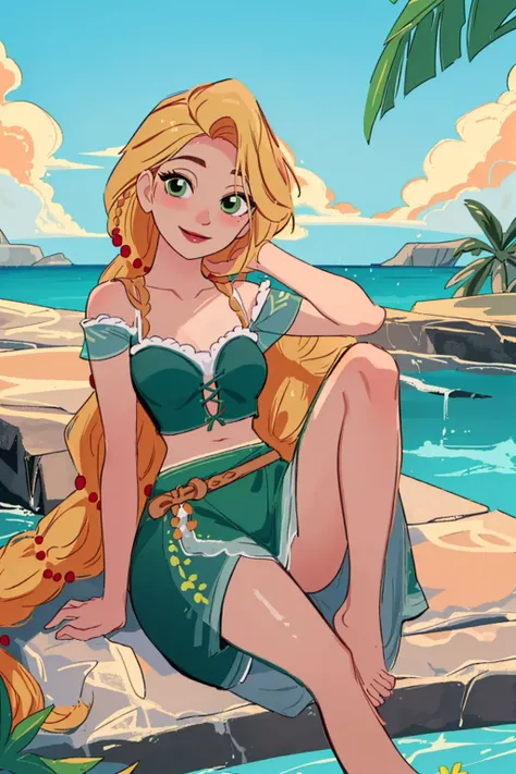 (masterpiece, best quality, high resolution:1.4), rapunzel, green eyes, (long braid:1.3), looking at viewer, green island outfit, barefoot, smile, outdoors, <lora:Rapunzel_v22:1>