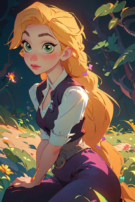 (rapunzel:1), tangled, (adventure outfit:1.5), (white blouse, black vest with dark purple stitching, dark purple skirt), (long hair, blonde hair, green eyes:1), (long braid:1.5), ((green eyes)), (dress:1), (long dress), cartoony facial features, large round eyes, blonde hair, (realistic:1.2), (masterpiece:1.2), (full-body-shot:1),(Cowboy-shot:1.2), green grass, dandelions, light particles, magical forest background, neon lighting, dark romantic lighting, (highly detailed:1.2),(detailed face:1.2), (gradients), colorful, detailed eyes, (detailed landscape:1.2), (natural lighting:1.2),(detailed background),detailed landscape, (cute pose:1.2), close shot, solo, <lora:Rapunzel_v22:0.8> <lora:add_detail:-0.6> <lora:hipoly3DModelLora_v10:0> <lora:RSERomantic_RSESofiko_RSEEmma-v1:0.1>