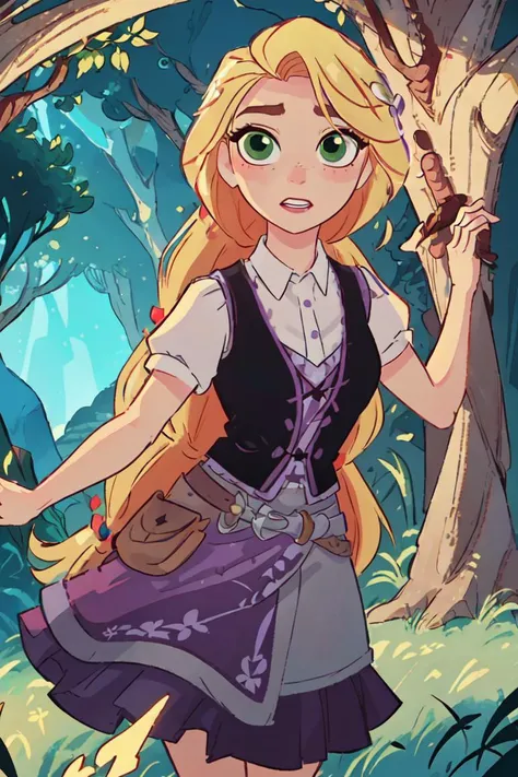 (rapunzel:1), tangled, (adventure outfit:1.5), (white blouse, black vest with dark purple stitching, dark purple skirt), (long hair, blonde hair, green eyes:1), (long braid:1.5), ((green eyes)), (dress:1), (long dress), cartoony facial features, large round eyes, blonde hair, (realistic:1.2), (masterpiece:1.2), (full-body-shot:1),(Cowboy-shot:1.2), green grass, dandelions, light particles, magical forest background, neon lighting, dark romantic lighting, (highly detailed:1.2),(detailed face:1.2), (gradients), colorful, detailed eyes, (detailed landscape:1.2), (natural lighting:1.2),(detailed background),detailed landscape, (dynamic pose:1.2), close shot, solo, <lora:Rapunzel_v22:0.8> <lora:add_detail:0.05> <lora:hipoly3DModelLora_v10:0.05> <lora:RSERomantic_RSESofiko_RSEEmma-v1:0.1>