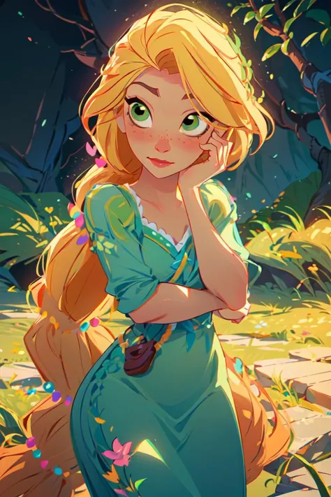 (rapunzel:1), tangled, (adventure outfit:1.5), (long hair, blonde hair, green eyes:1), (long braid:1.5), ((green eyes)), (dress:1), (long dress), cartoony facial features, large round eyes, blonde hair, (realistic:1.2), (masterpiece:1.2), (full-body-shot:1),(Cowboy-shot:1.2), green grass, dandelions, light particles, magical forest background, neon lighting, dark romantic lighting, (highly detailed:1.2),(detailed face:1.2), (gradients), colorful, detailed eyes, (detailed landscape:1.2), (natural lighting:1.2),(detailed background),detailed landscape, (cute pose:1.2), close shot, solo, <lora:Rapunzel_v22:0.99> <lora:add_detail:0.3> <lora:hipoly3DModelLora_v10:0.05> <lora:RSERomantic_RSESofiko_RSEEmma-v1:0.1>
